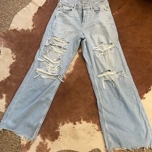 American Eagle Outfitters Light Blue Distressed Curvy Super High-rise Baggy Wide